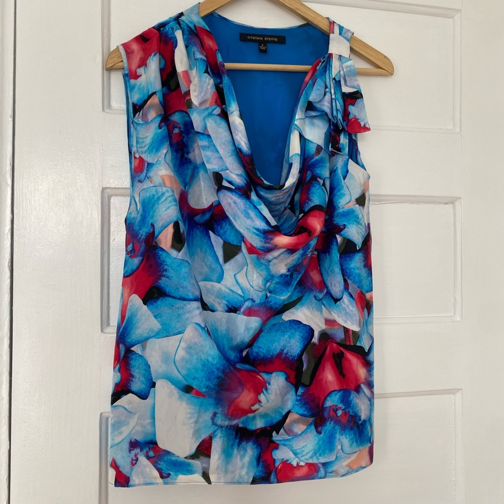 Cynthia Steffe silk floral cowl neck blouse